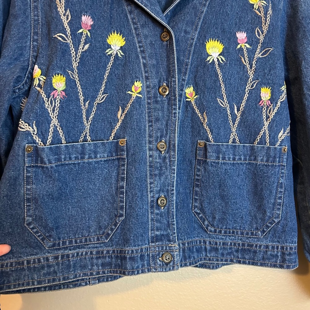 Vintage Demin Embroidered Floral Thistle Jacket Roger 100% Cotton - Picture 5 of 9